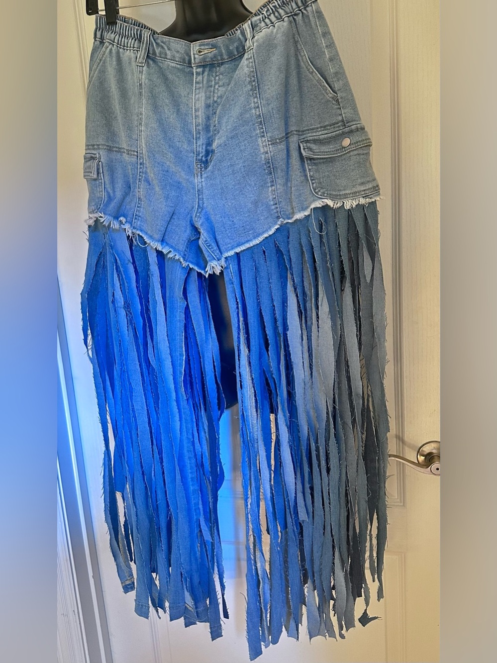 Upcycled triple Fringed Denim Shorts with Long Tassels  size L - Picture 6 of 6